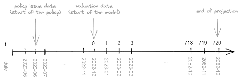 Timeline with policy issue date, valuation date and end of projection.