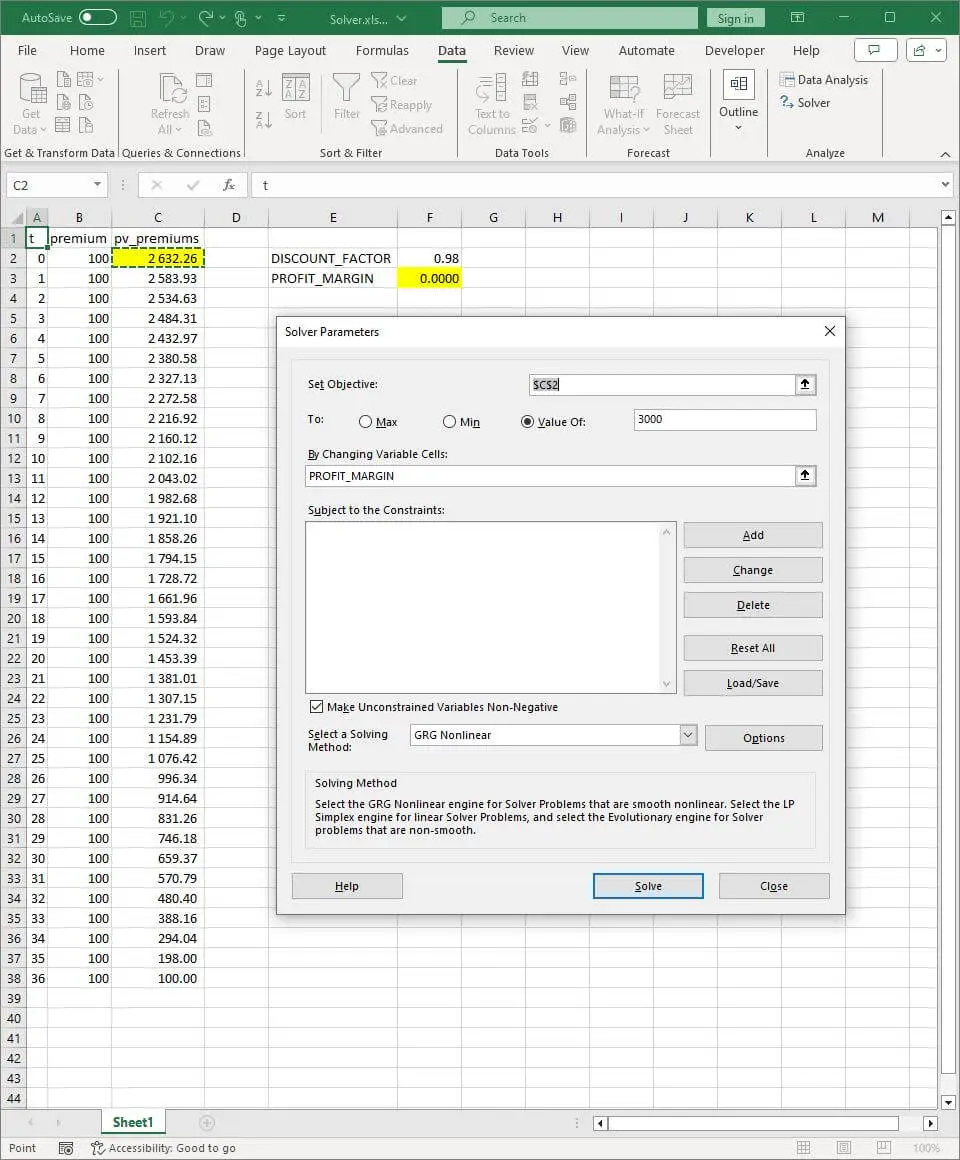 Excel Solver tool with the objective to set present values of premiums to 3000